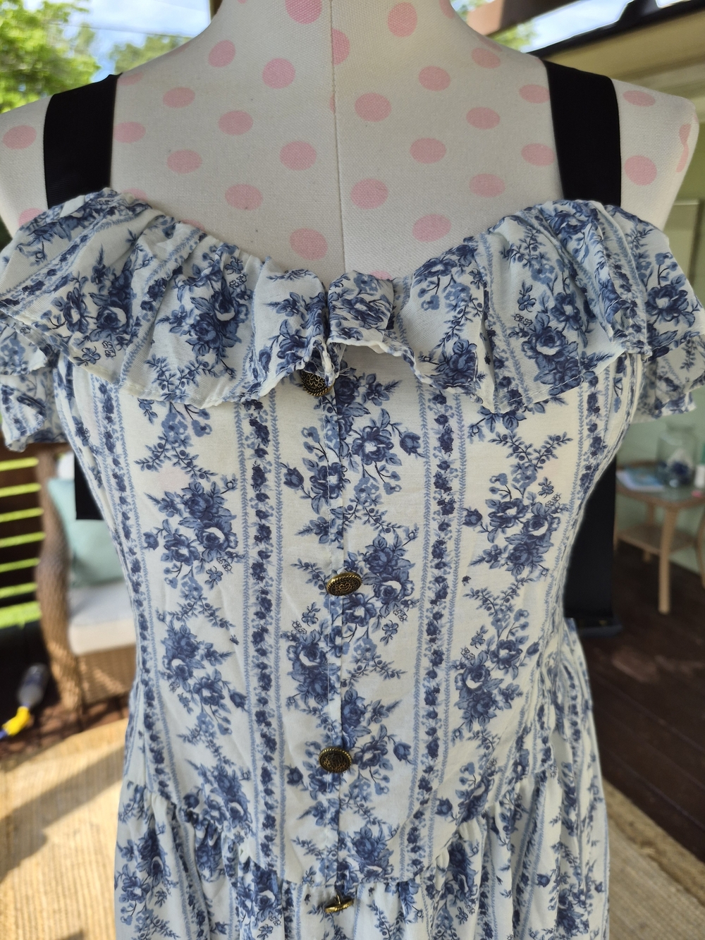 Blu Pepper tie strap Maxi Blue Vertical Ditsy Floral Stripe dress L - Picture 2 of 12
